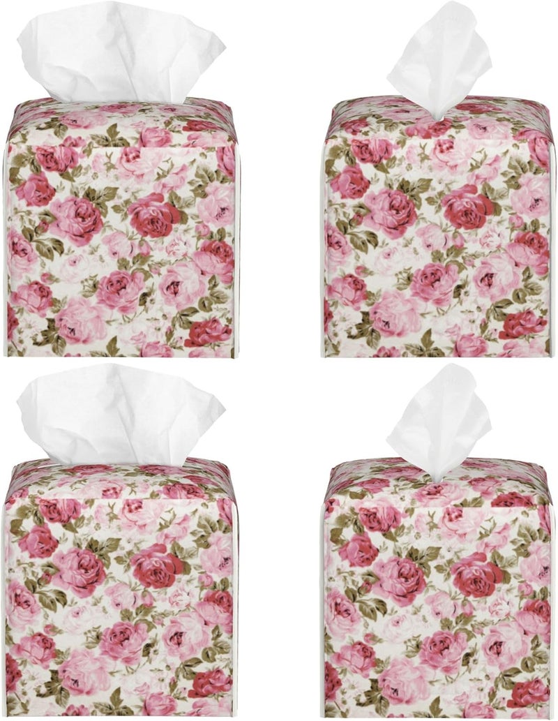 sndheke Vintage Rose Flowers Leaves Tissue Box Cover Square,Pink Floral Plants Tissue Box Holder Waterproof Leather Facial Paper Organizer Dispenser for Bathroom Home Car Nightstand Vanity Desk - Image 2